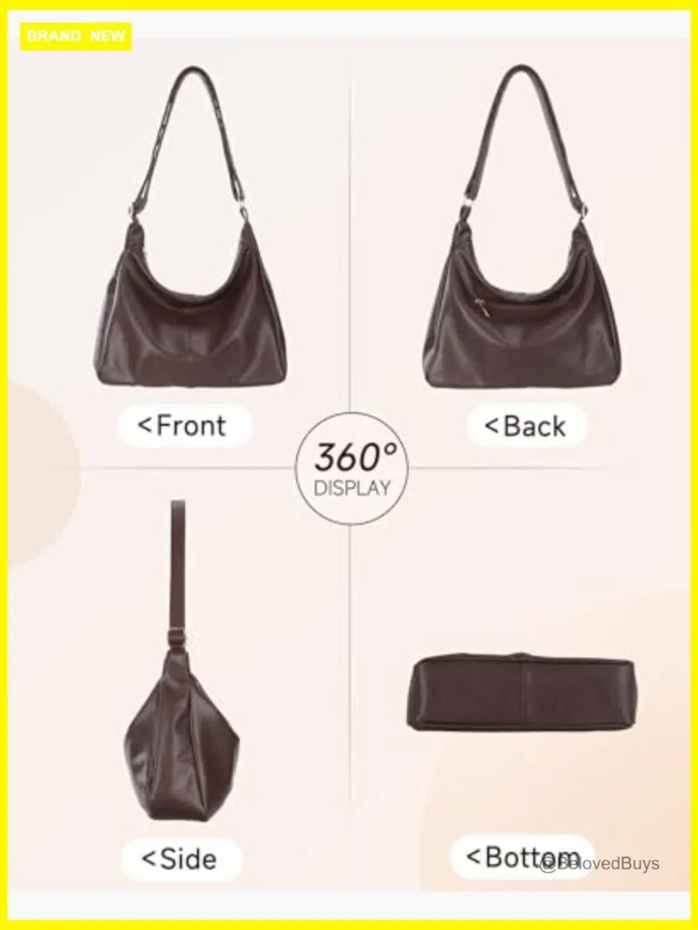 Vegan Leather Slouchy Hobo Tote Bag, Adjustable Strap, Zipper